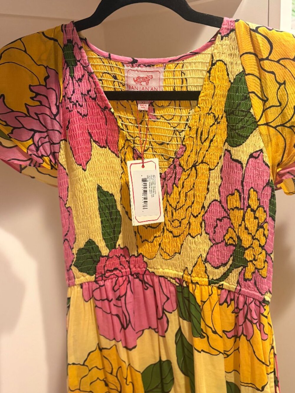 NWT Banjanan Yellow Pink Floral Smocked Maxi Dress XS